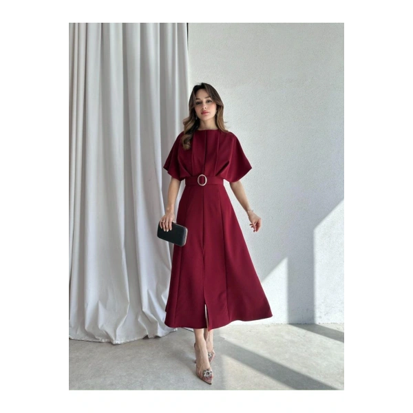 KEMER DETAYLI MİDİ ELBİSE BORDO RENK ELBİSE