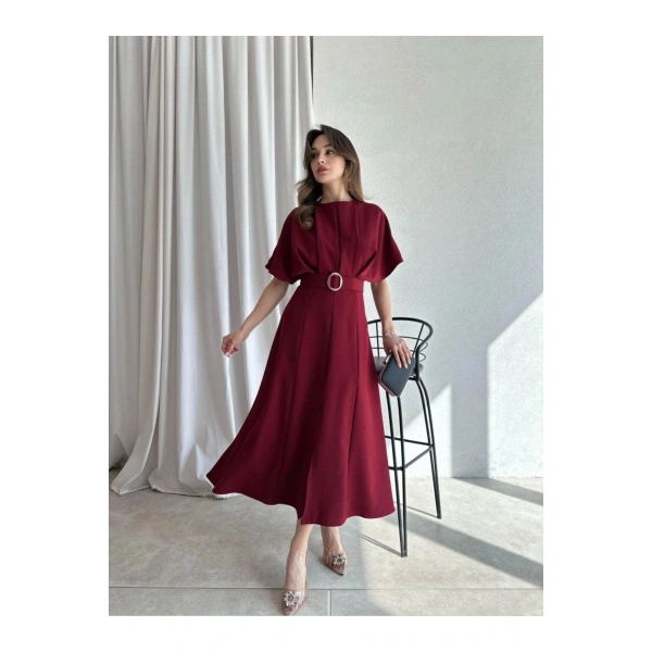 Kemerli Yırtmaçlı Bordo Kadın Elbise Midi 583292
