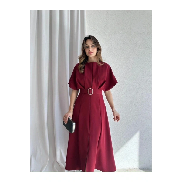 Kemerli Yırtmaçlı Bordo Kadın Elbise Midi 583292