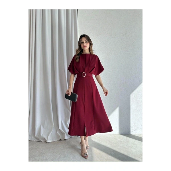 Kemerli Yırtmaçlı Bordo Kadın Elbise Midi 583292