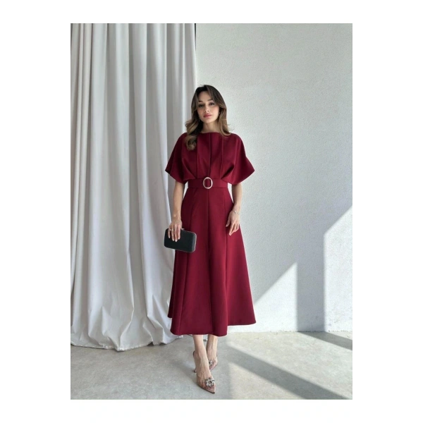 Kemerli Yırtmaçlı Bordo Kadın Elbise Midi 583292