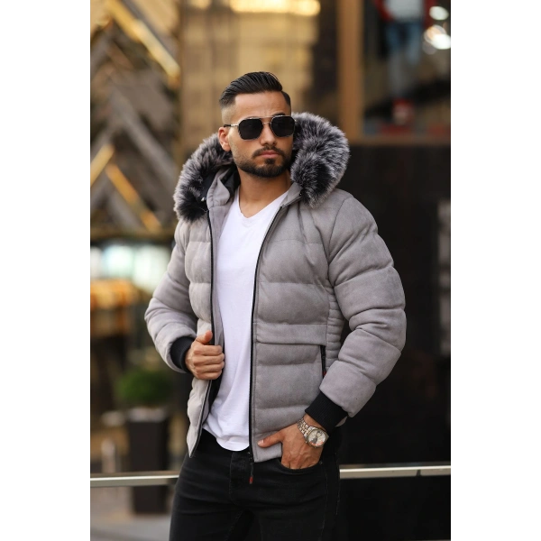 Erkek Kapüşonu Kürklü Şişme Süet Mont