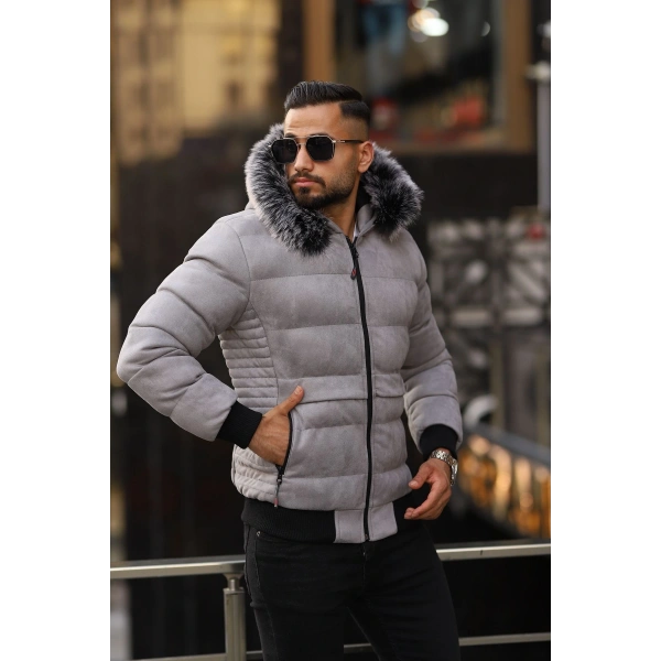 Erkek Kapüşonu Kürklü Şişme Süet Mont