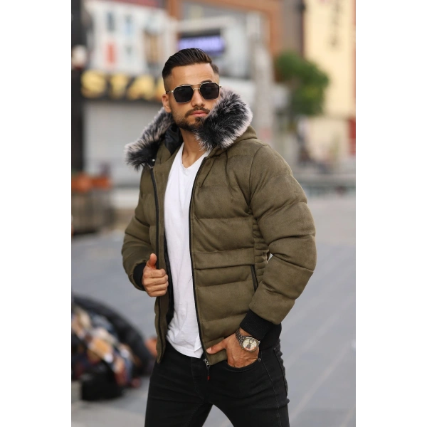 Erkek Kapüşonu Kürklü Şişme Süet Mont