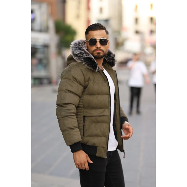 Erkek Kapüşonu Kürklü Şişme Süet Mont