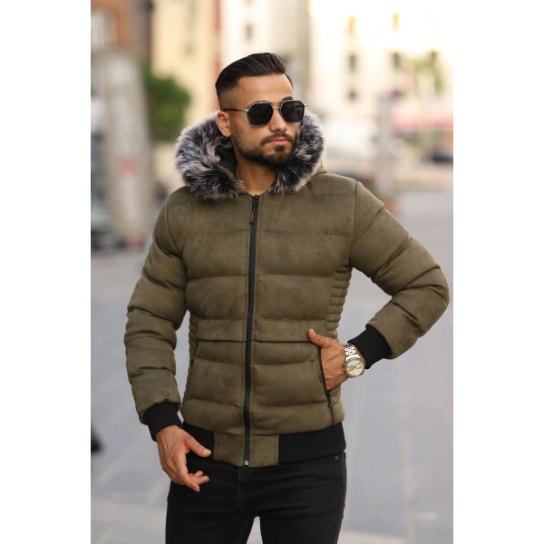 Erkek Kapüşonu Kürklü Şişme Süet Mont