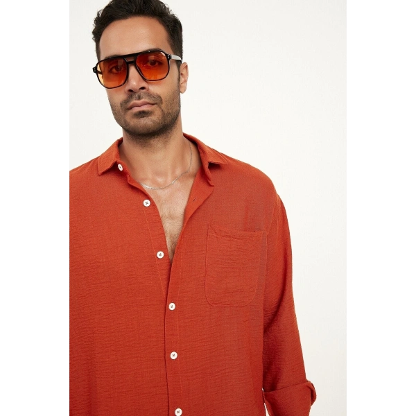 Erkek Ayrobin Bol Kalıp Cepli Dokulu Oversize Gömlek
