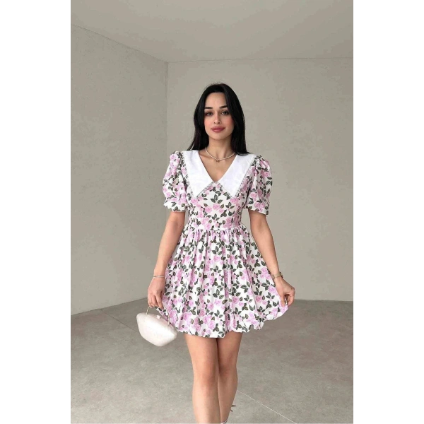 Çiçek Desenli Bebe Yaka Poplin Elbise