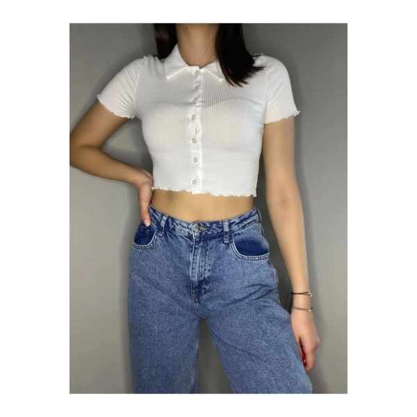 Düğmeli Gömlek Yaka Karkoşe Crop