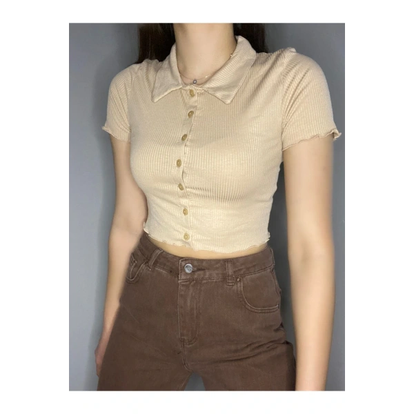 Düğmeli Gömlek Yaka Kaşkorse Crop