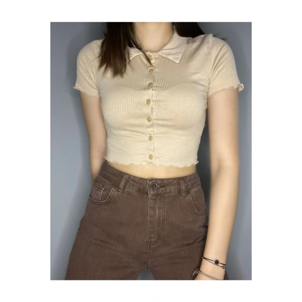 Düğmeli Gömlek Yaka Kaşkorse Crop