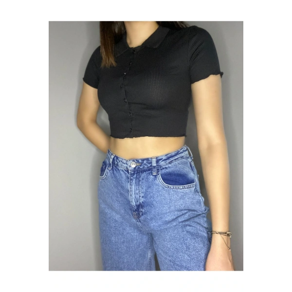 Düğmeli Gömlek Yaka Karkoşe Crop