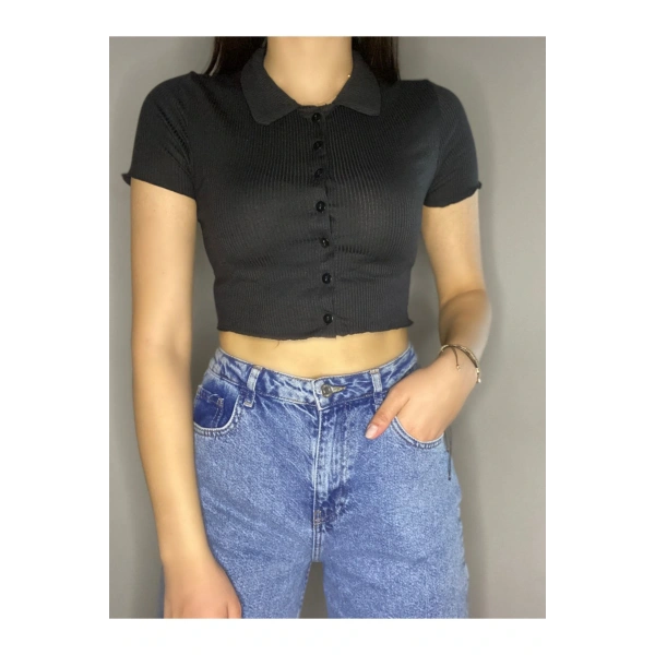 Düğmeli Gömlek Yaka Karkoşe Crop