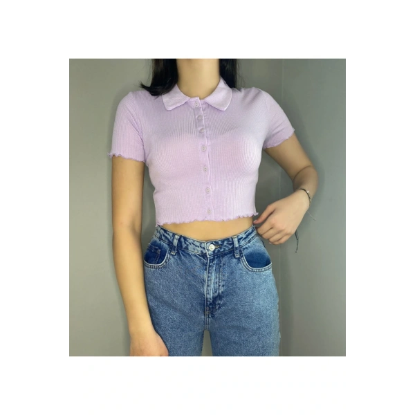 Düğmeli Gömlek Yaka Karkoşe Crop