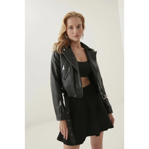 Siyah Biker Suni Deri Ceket