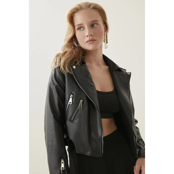 Siyah Biker Suni Deri Ceket