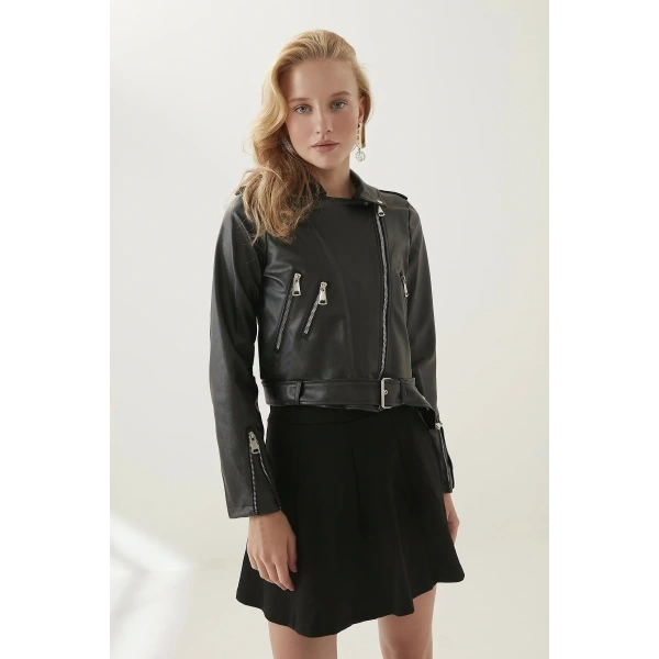 Siyah Biker Suni Deri Ceket