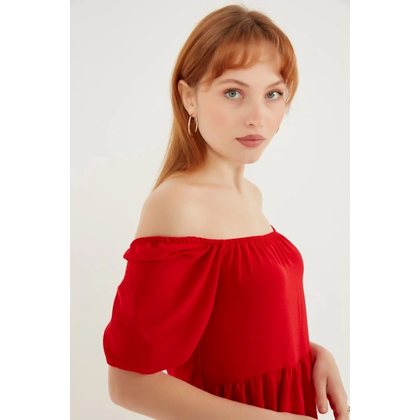 Kadın Kırmızı Madonna Yaka Elbise