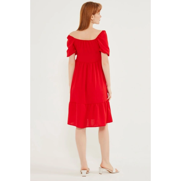 Kadın Kırmızı Madonna Yaka Elbise