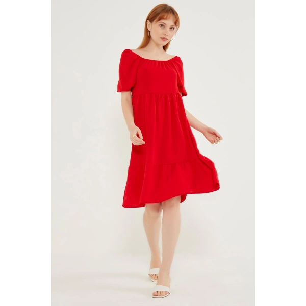 Kadın Kırmızı Madonna Yaka Elbise