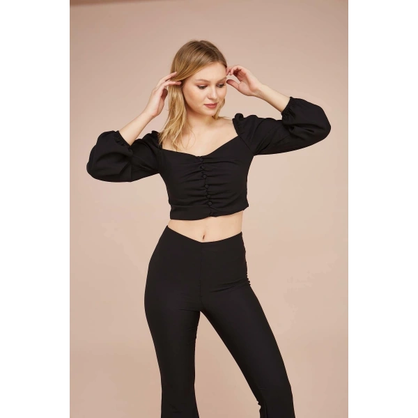 Kadın Siyah Fermuarlı Crop Bluz