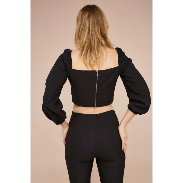 Kadın Siyah Fermuarlı Crop Bluz