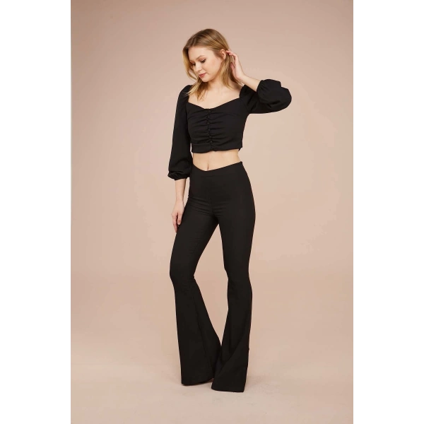 Kadın Siyah Fermuarlı Crop Bluz