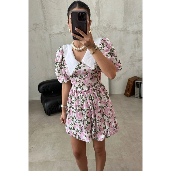 Bebe Yaka Balon Etek Çiçekli Elbise