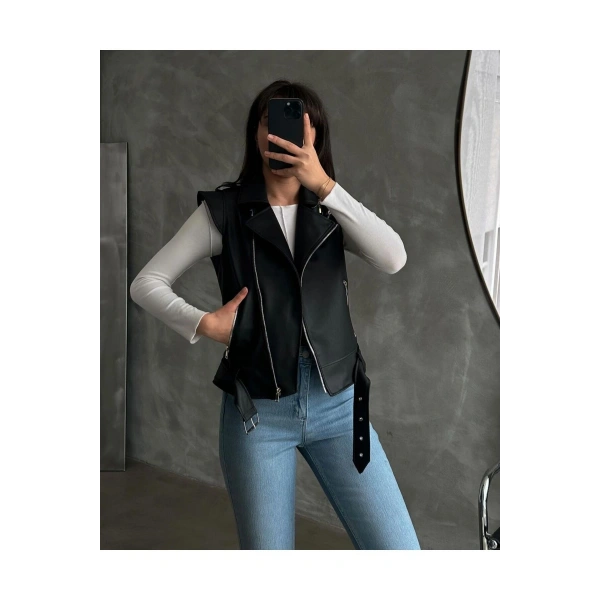 Kadın Siyah Deri Biker Yelek