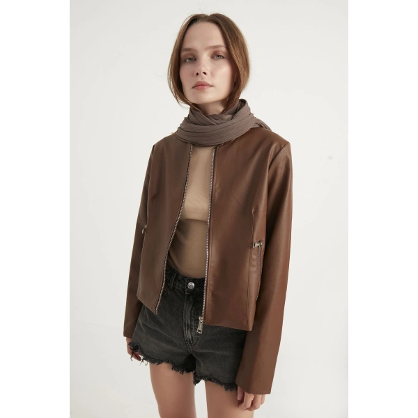 Kadın Kahverengi Deri Ceket