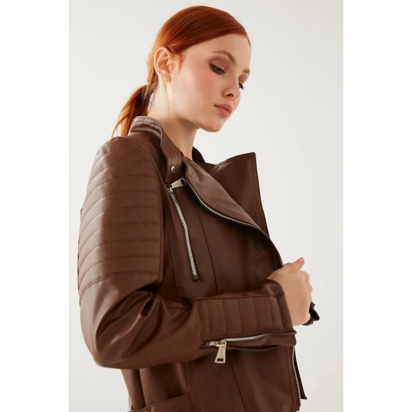 Kadın Kahve Kol Detaylı Deri Ceket