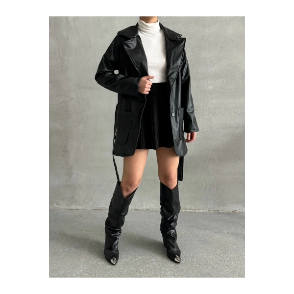 Kadın Siyan Çift Cepli Kuşaklı Deri Ceket Pardesü