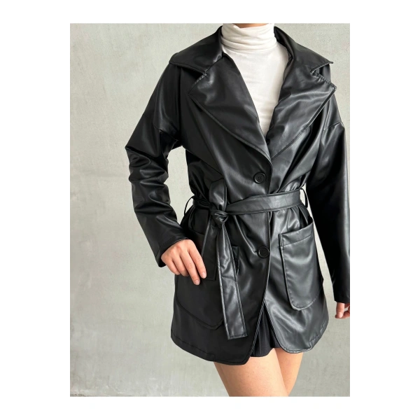 Kadın Siyan Çift Cepli Kuşaklı Deri Ceket Pardesü