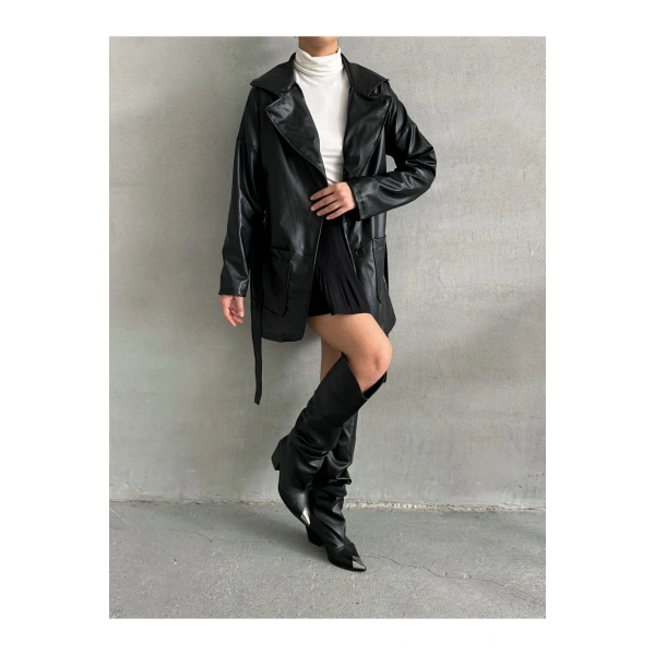 Kadın Siyan Çift Cepli Kuşaklı Deri Ceket Pardesü