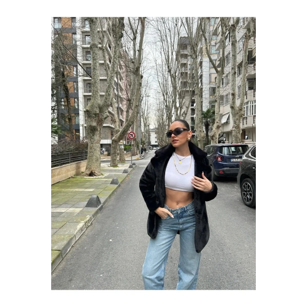 Peluş Kapşonlu Yumoş Kürk Kaban