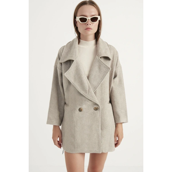 Kadın Sütlü Kahve Balık Sırtı Oversize Kısa Kaban