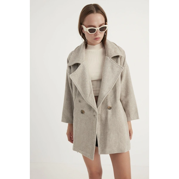 Kadın Sütlü Kahve Balık Sırtı Oversize Kısa Kaban