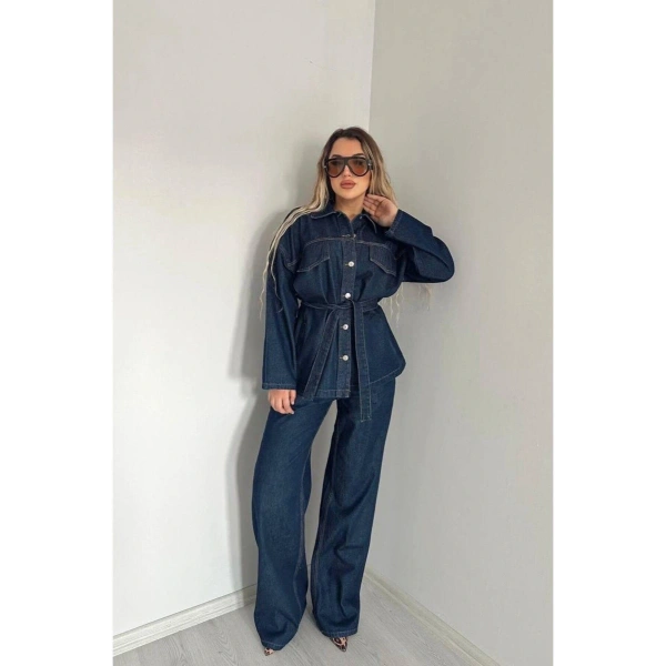 Koyu Lacivert Bağlamalı Denim Takım Oversize Ceket ve Pantolon