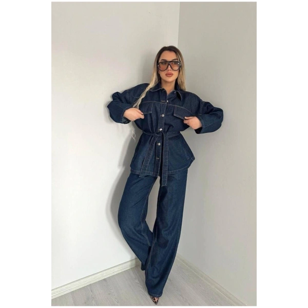 Koyu Lacivert Bağlamalı Denim Takım Oversize Ceket ve Pantolon