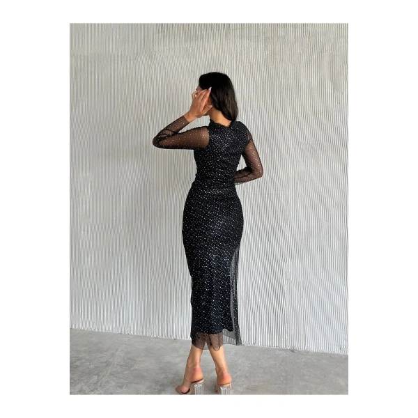 Kadın Siyah Hakim Yaka Gümüş Puantiye Detay Transparan Tül Kollu Astarlı Drapeli Midi Abiye Elbise