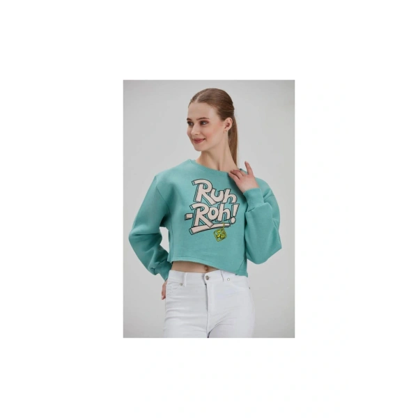Kadın Su Yeşili Baskılı Sweatshirt