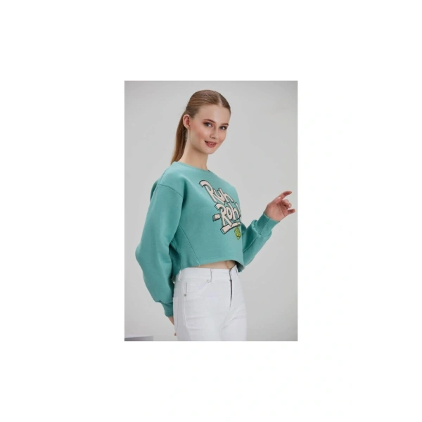 Kadın Su Yeşili Baskılı Sweatshirt