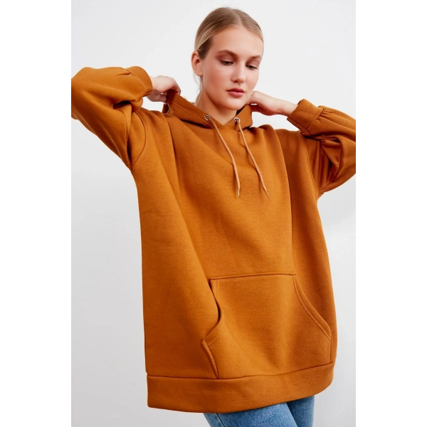 Kadın Kiremit Kapüşonlu Kanguru Cepli Sweatshirt