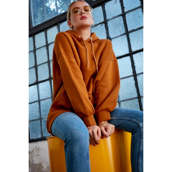 Kadın Kiremit Kapüşonlu Kanguru Cepli Sweatshirt