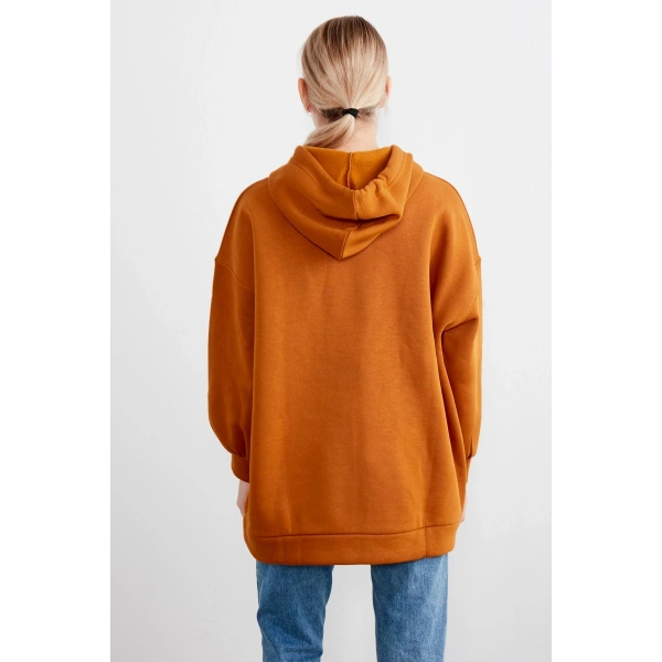 Kadın Kiremit Kapüşonlu Kanguru Cepli Sweatshirt