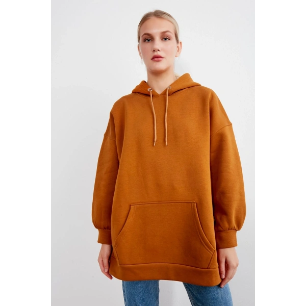 Kadın Kiremit Kapüşonlu Kanguru Cepli Sweatshirt