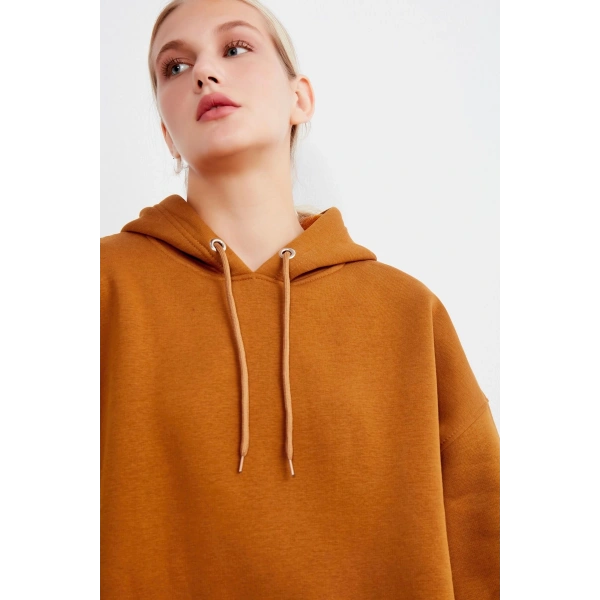 Kadın Kiremit Kapüşonlu Kanguru Cepli Sweatshirt