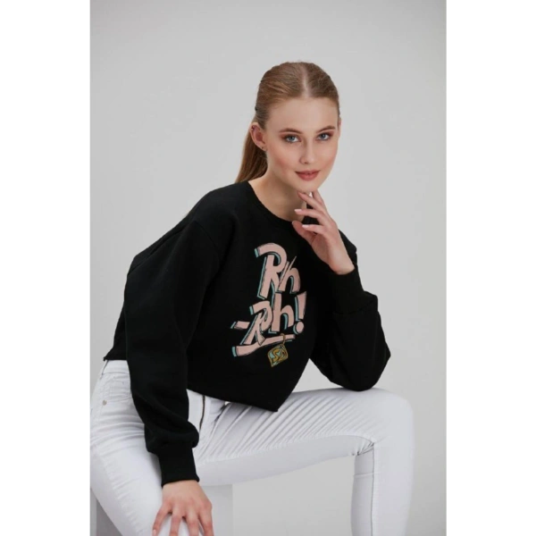 Kadın Siyah Baskılı Sweatshirt