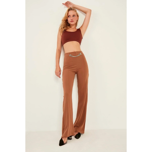 Kadın Kahve Yüksek Bel Zincir Detaylı Geniş Paça Dokuma Pantolon