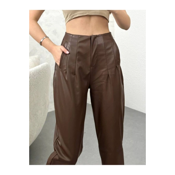 Kadın Yüksek Bel Şardonlu Deri Pantolon